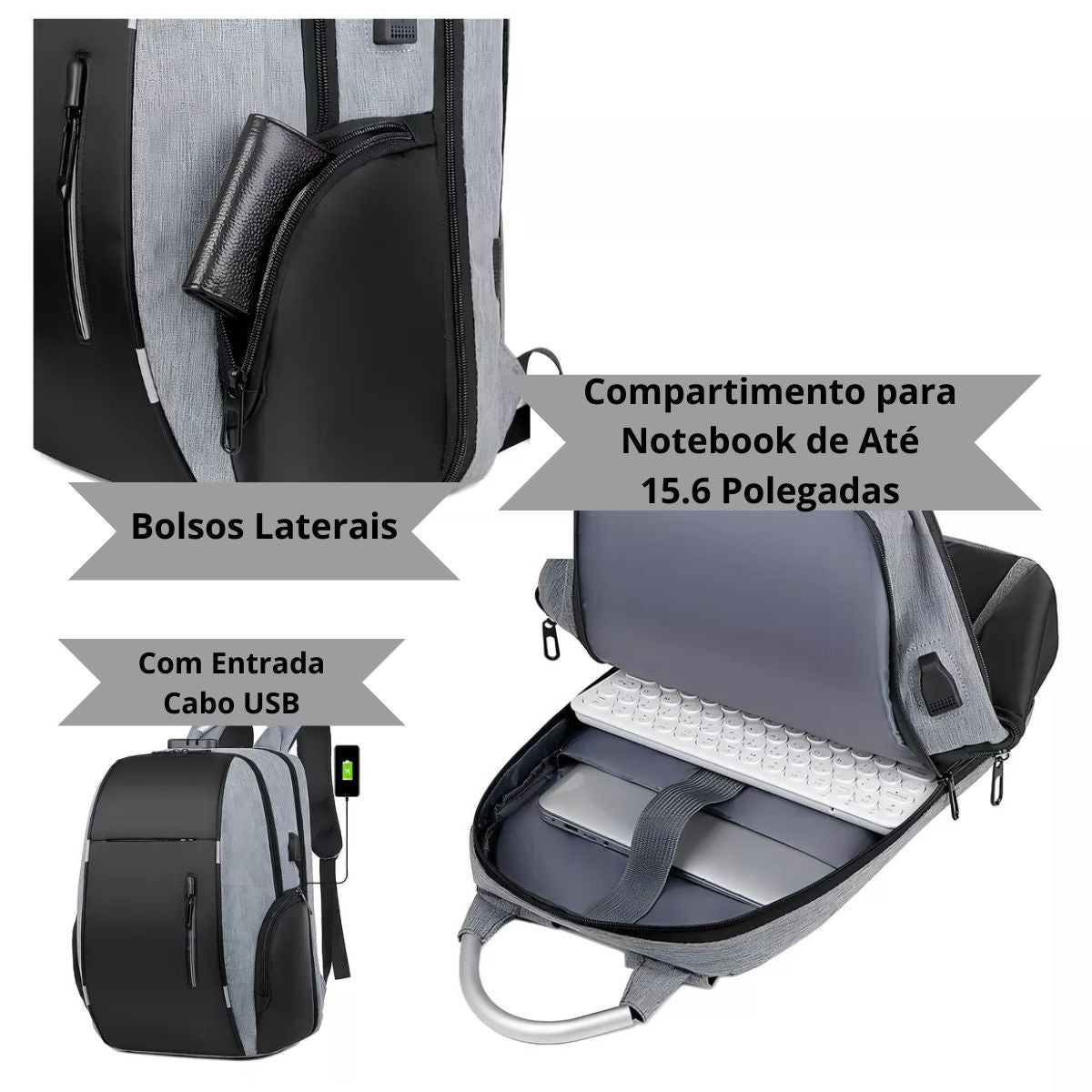 Mochila Antifurto Impermeável Cinza Usb Com Trava E Código Mochila Antifurto Impermeável Cinza Usb Com Trava E Código